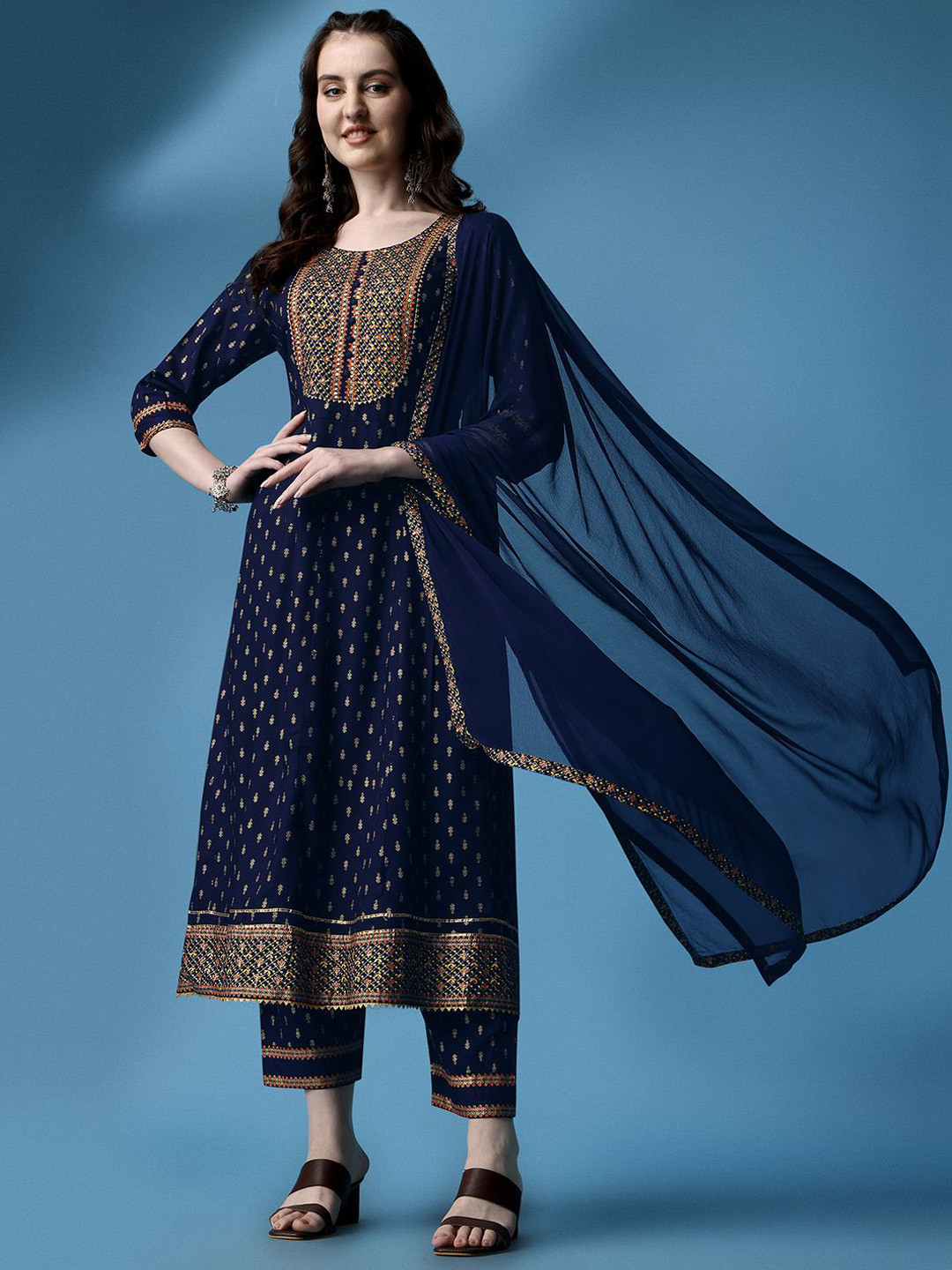 

Ziva Fashion Women Ethnic Motifs High Slit Kurta with Trousers & With Dupatta, Navy blue