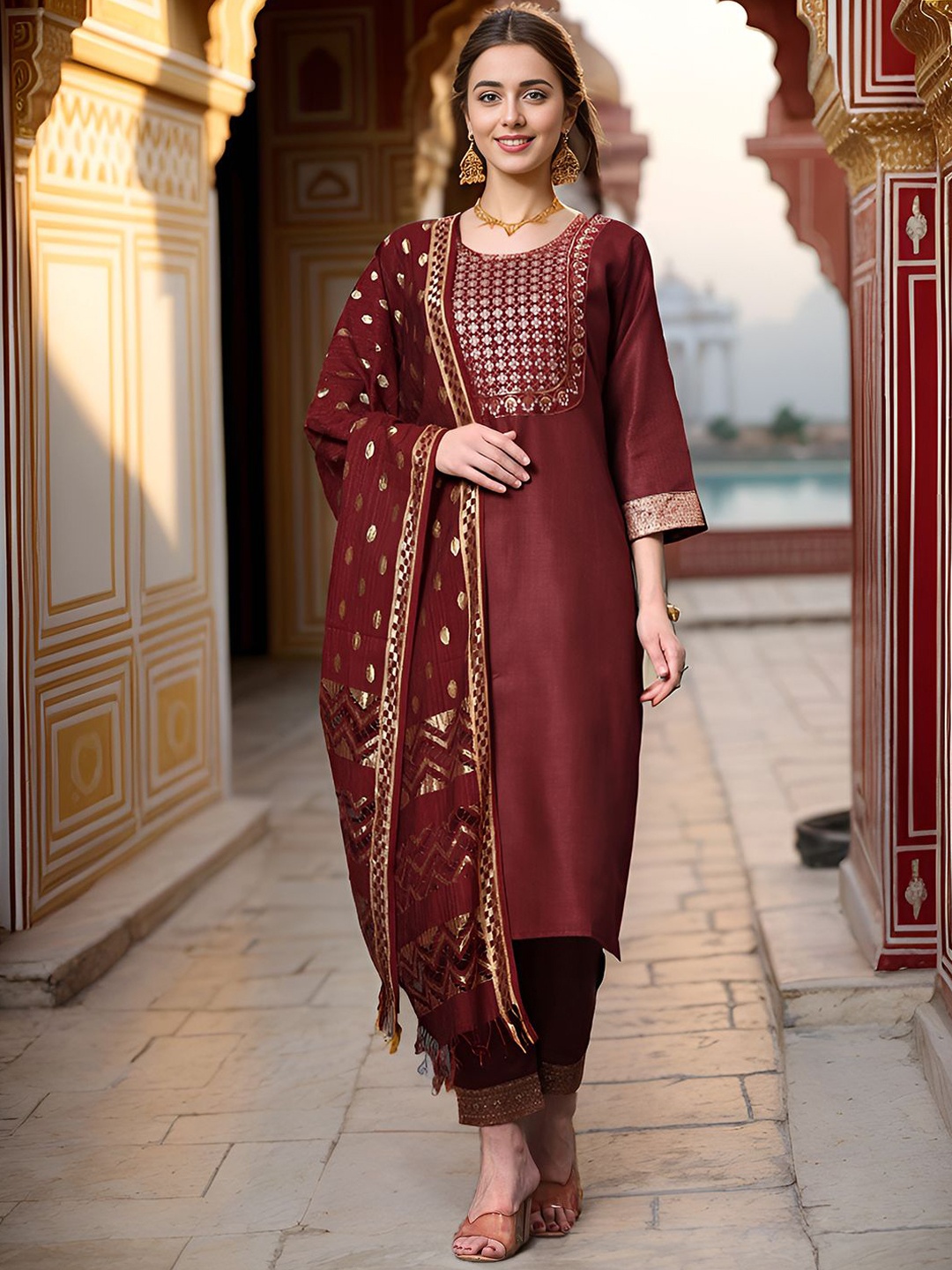 

Ziva Fashion Women Floral Embroidered Regular Kurta with Trousers & With Dupatta, Maroon