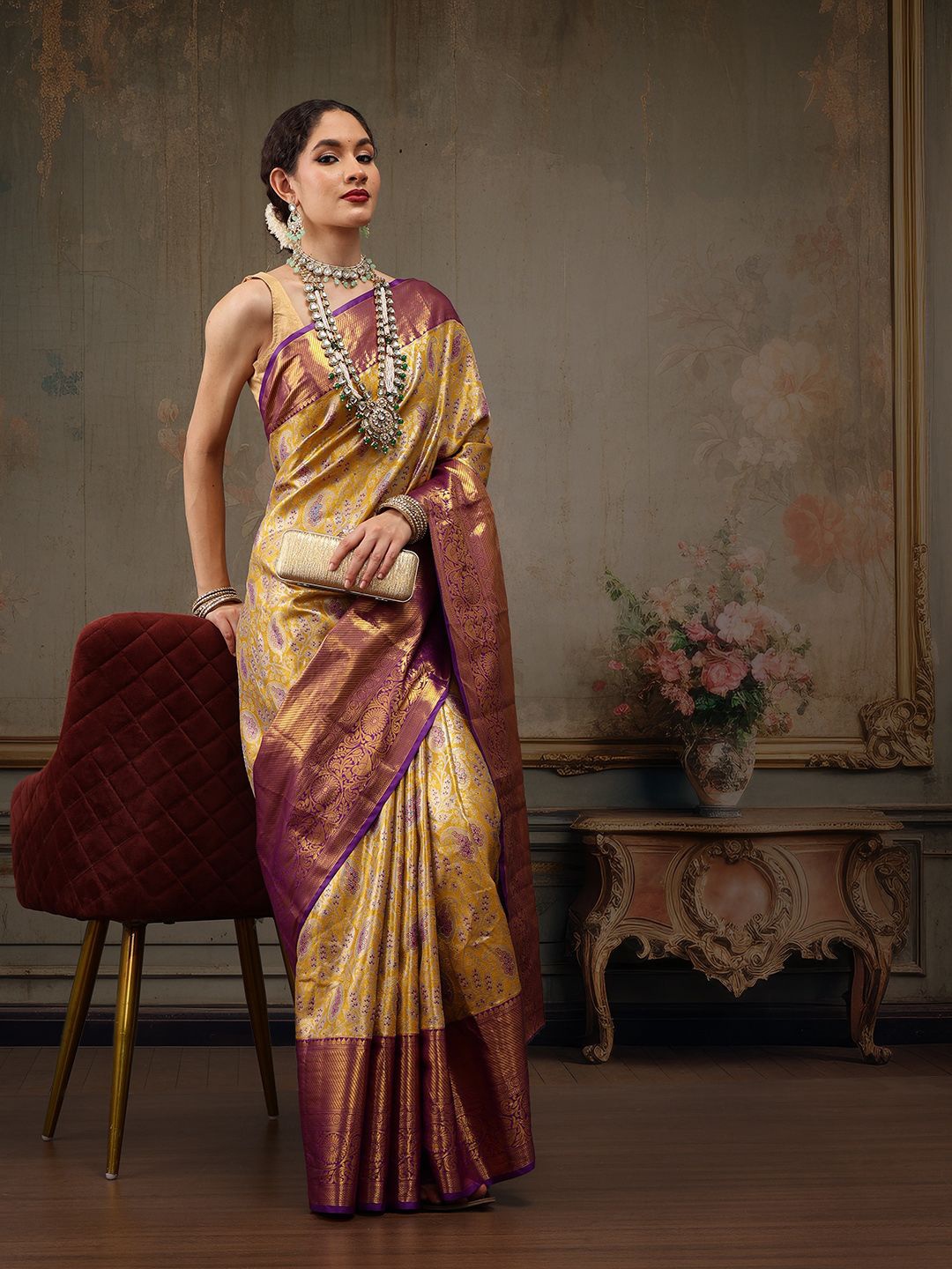 

Silk Land Floral Zari Pure Silk Banarasi Saree, Mustard