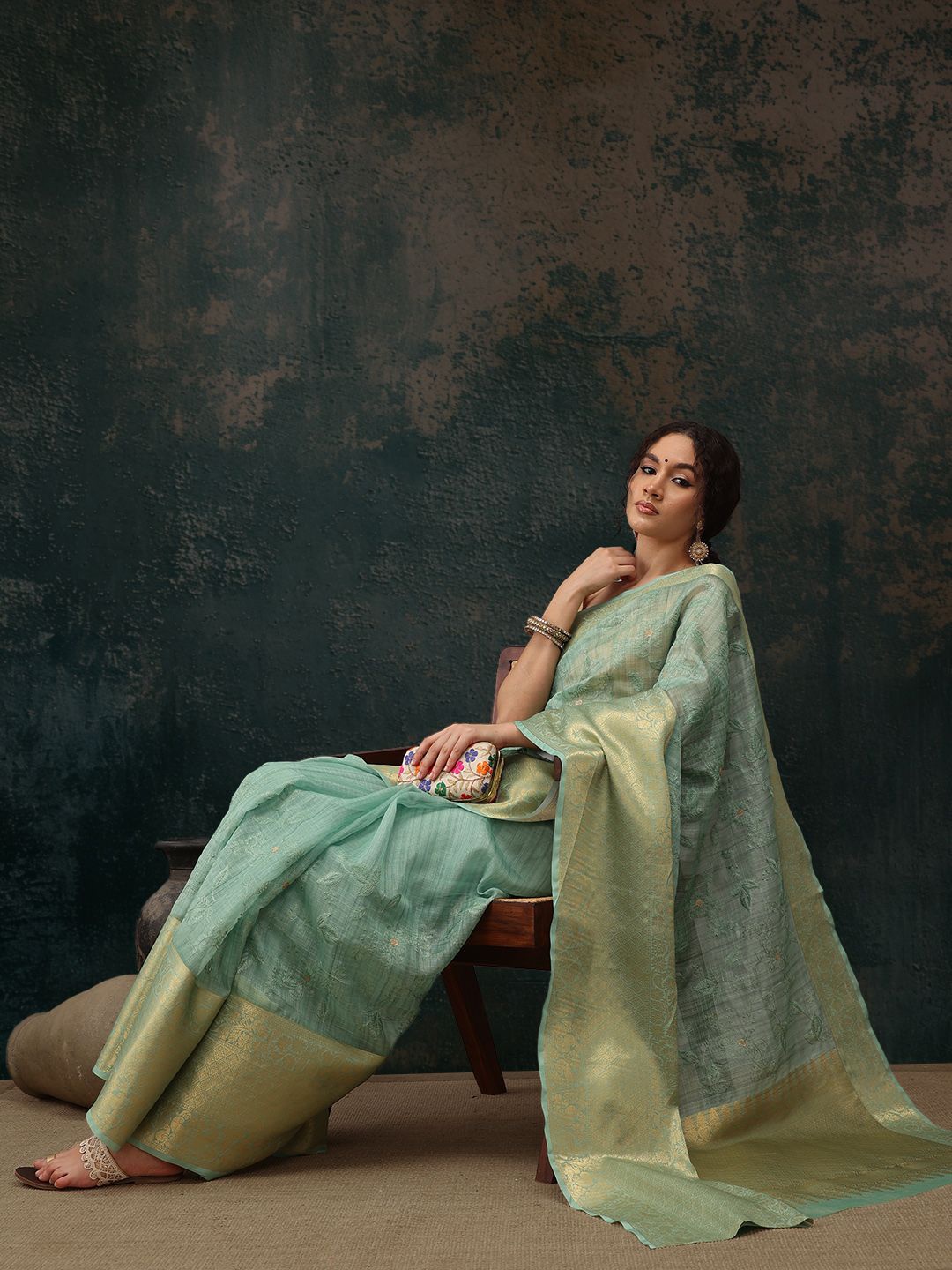 

Silk Land Floral Embroidered Woven Design Zari Silk Cotton Kota Saree, Green