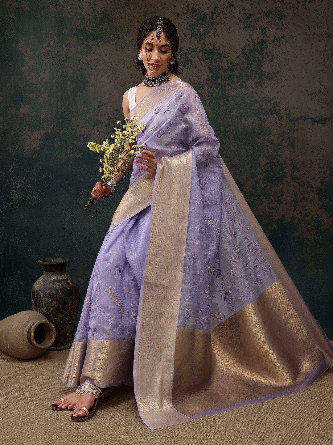 

Silk Land Floral Embroidered Woven Design Zari Silk Cotton Kota Saree, Lavender