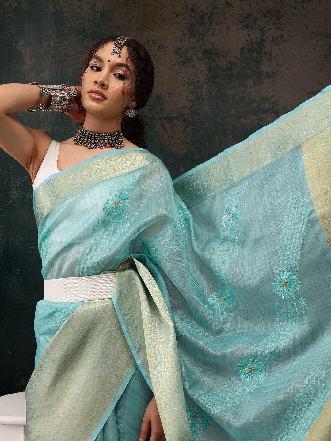 

Silk Land Floral Embroidered Woven Design Zari Silk Cotton Kota Saree, Teal