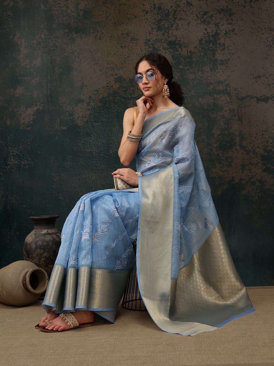 

Silk Land Floral Embroideredl Zari Silk Cotton Kota Saree, Blue