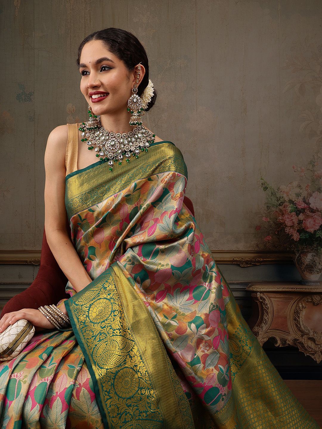 

Silk Land Woven Design Zari Pure Silk Banarasi Saree, Green