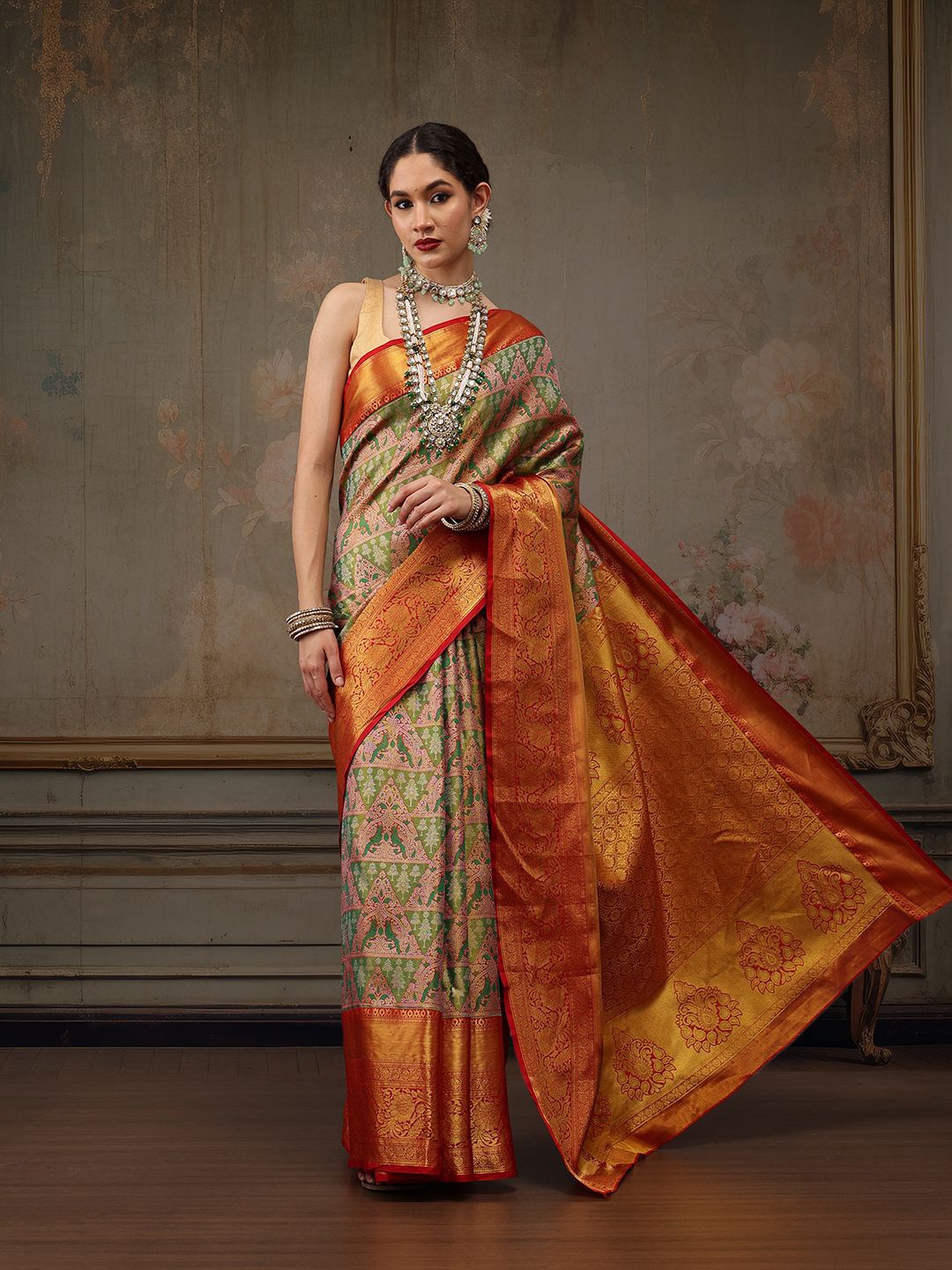 

Silk Land Ethnic Motifs Zari Pure Silk Banarasi Saree, Red