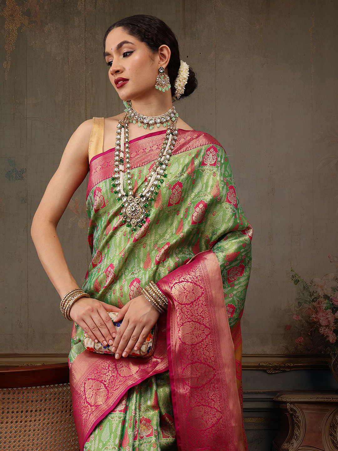 

Silk Land Woven Design Zari Pure Silk Banarasi Saree, Green