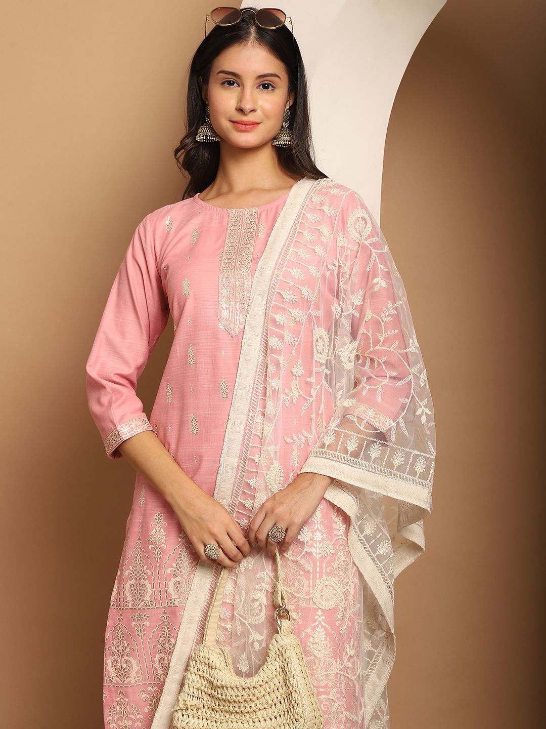 

Anouk Women Floral Printed Regular Chikankari Kurta with Palazzos & With Dupatta, Pink