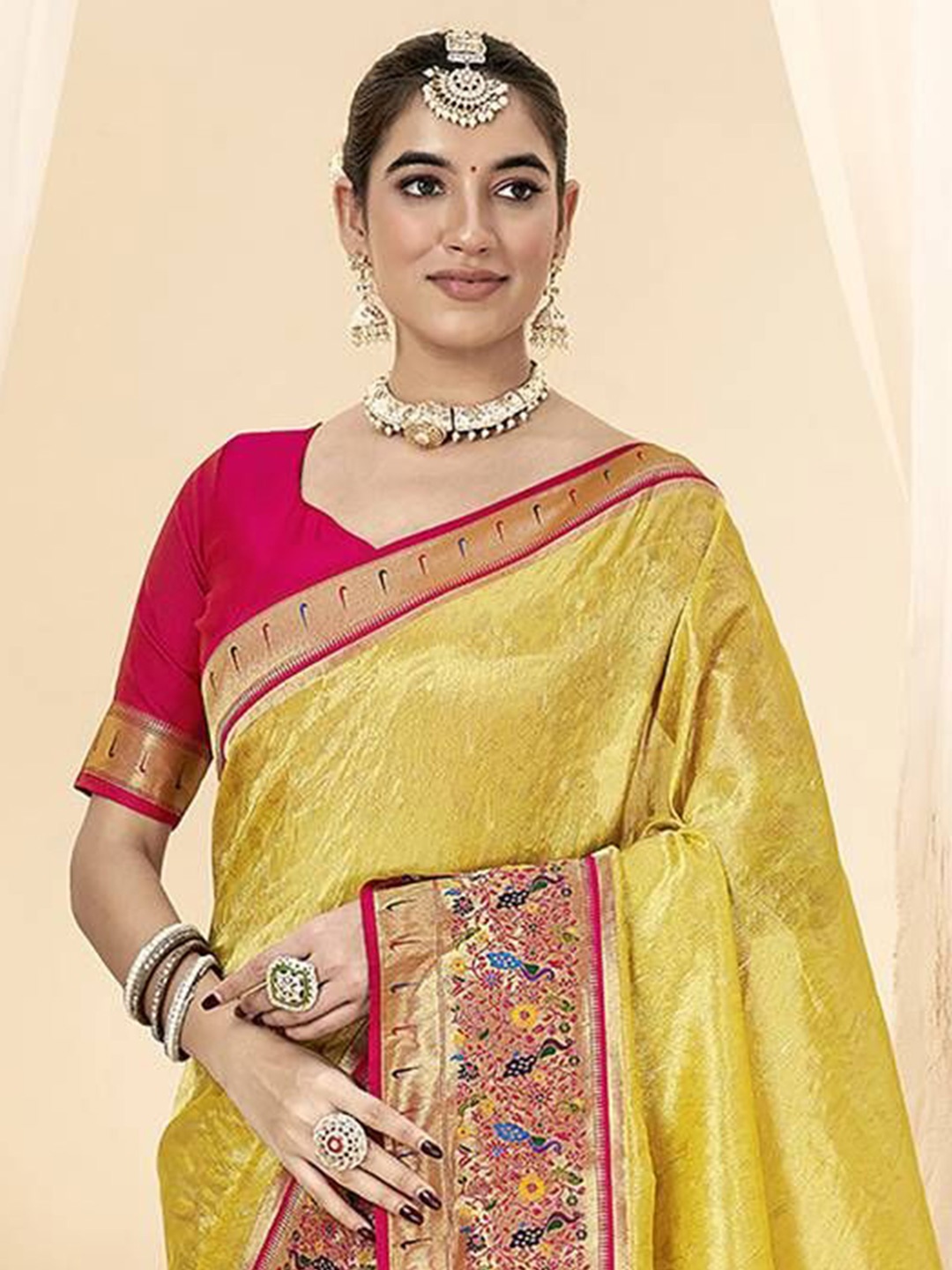 

KIMISHA Ethnic Motifs Zari Silk Blend Paithani Saree, Yellow