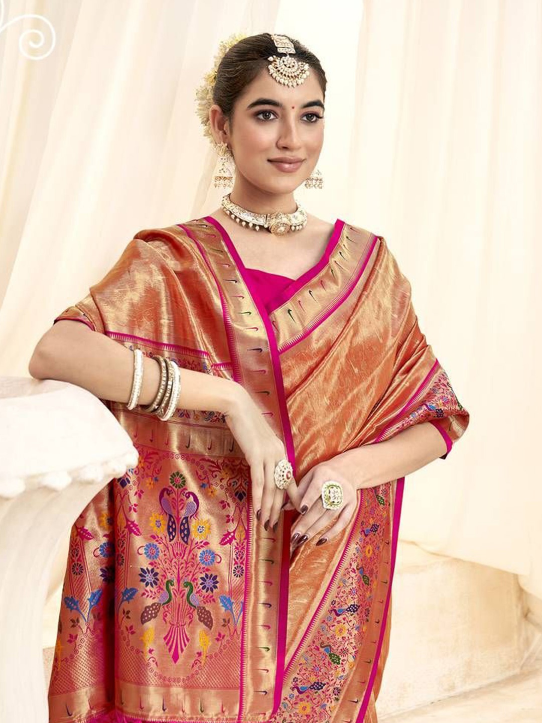 

KIMISHA Floral Zari Silk Blend Paithani Saree, Orange