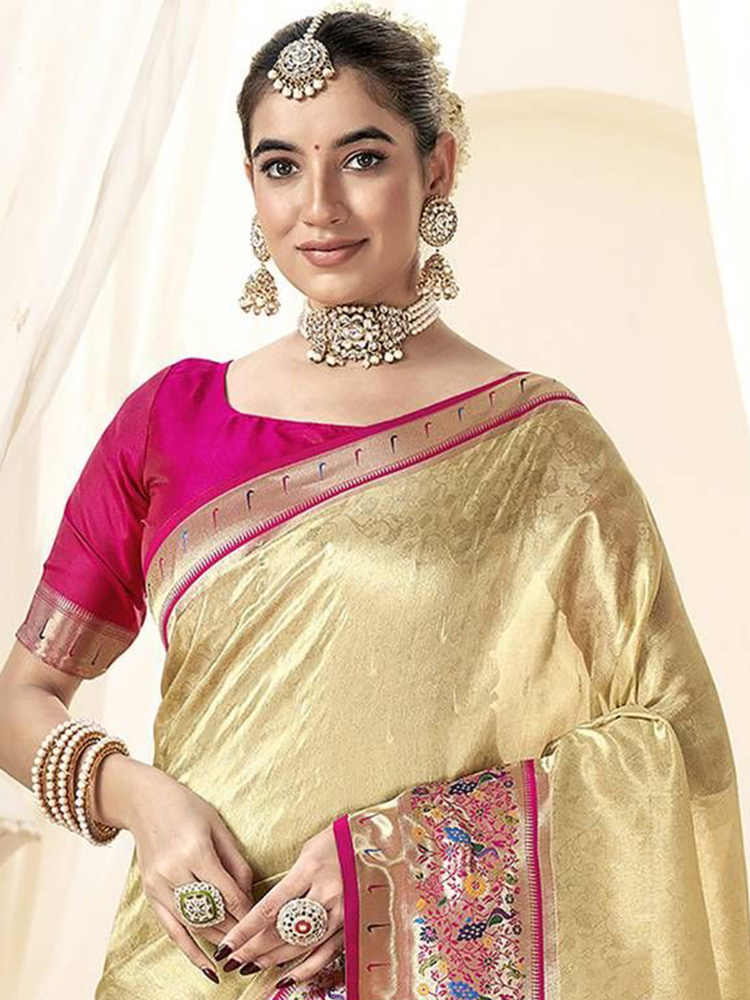 

KIMISHA Woven Design Zari Silk Blend Paithani Saree, Beige