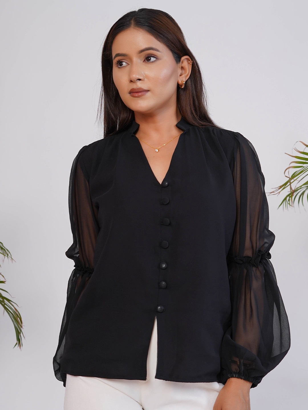 

Salvia Sky Mandarin Collar Shirt Style Top, Black