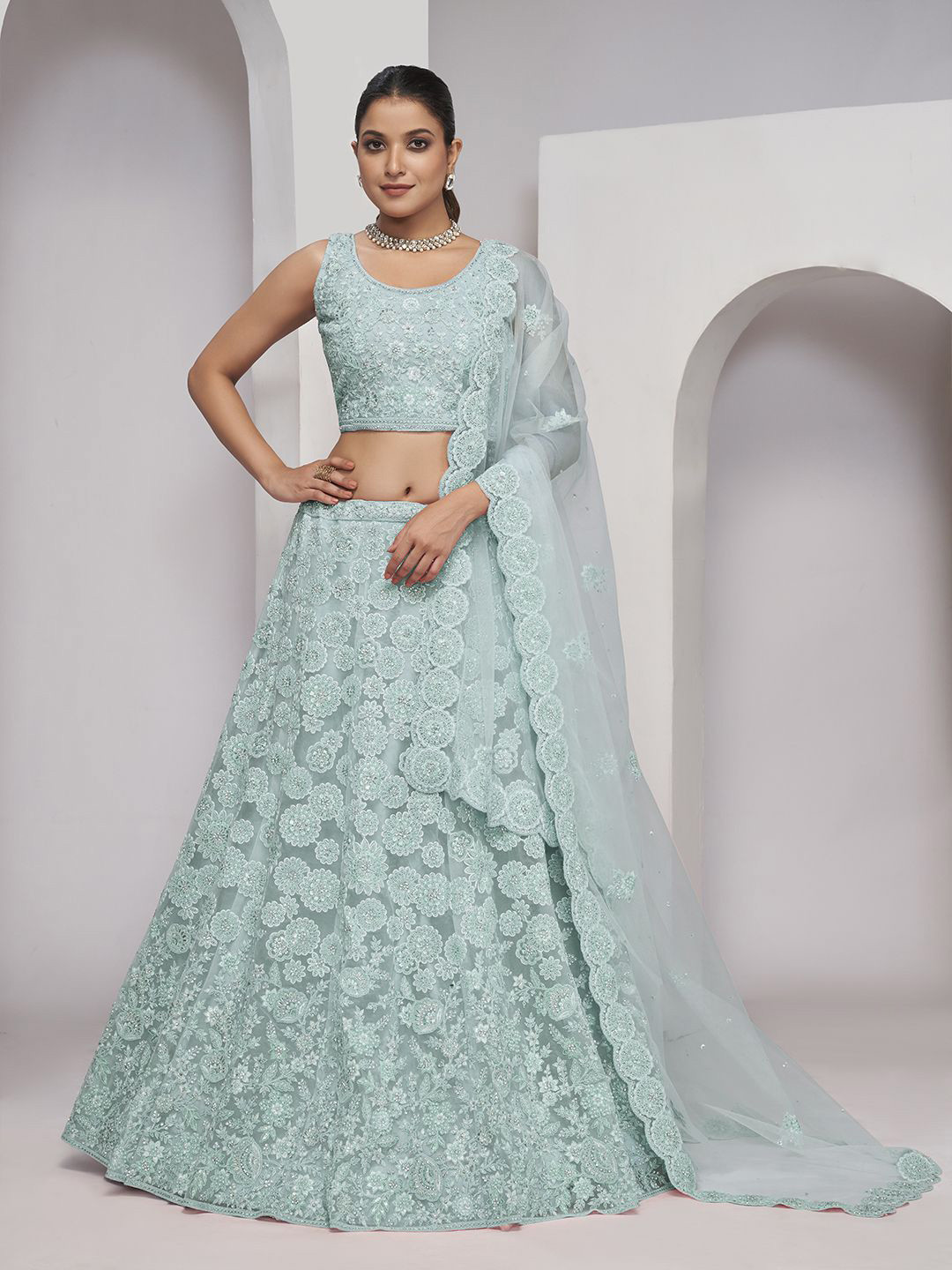 

Fusionic Embroidered Thread Work Semi-Stitched Lehenga & Unstitched Blouse With Dupatta, Blue