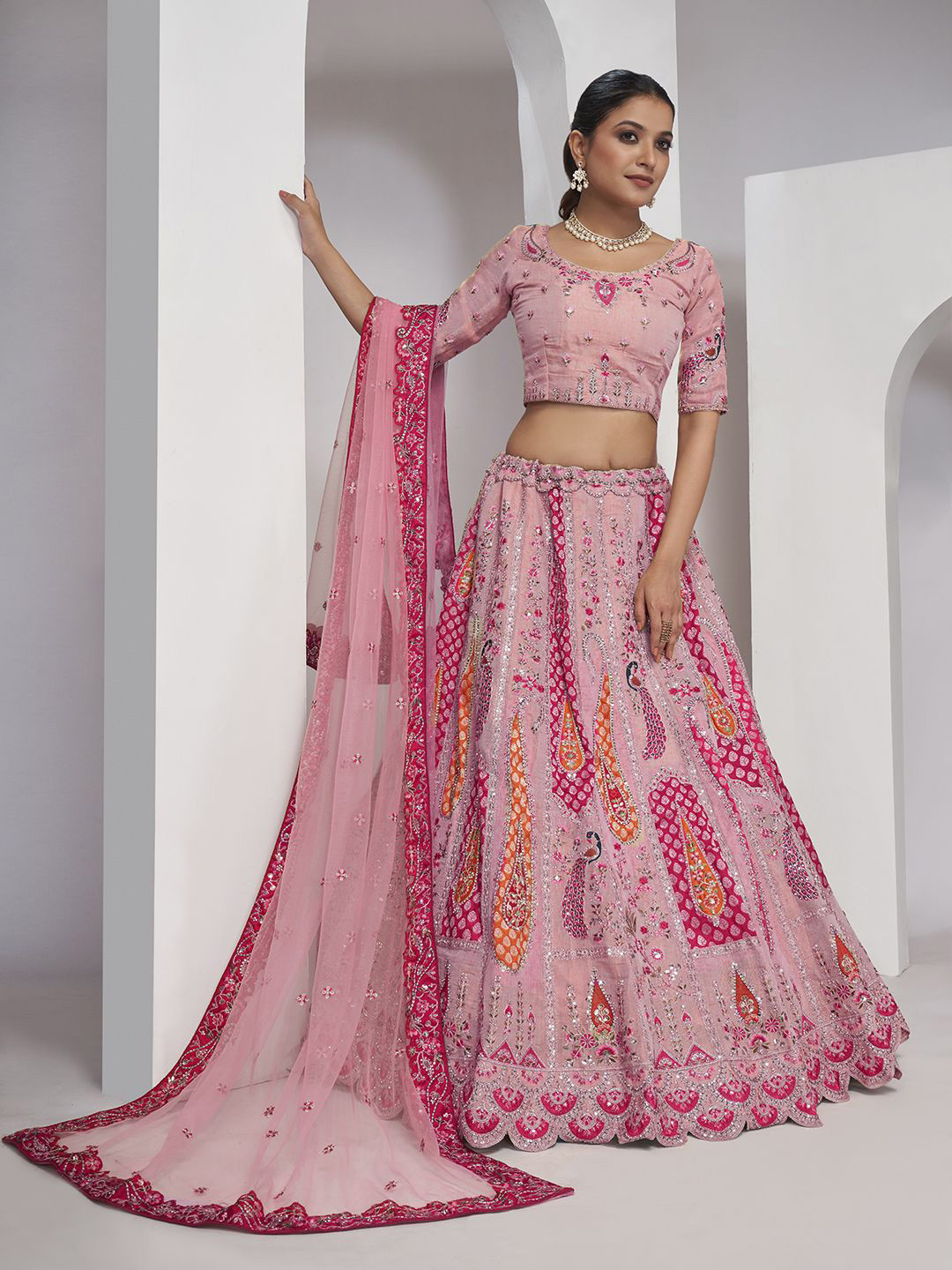 

Fusionic Embroidered Thread Work Semi-Stitched Lehenga & Unstitched Blouse With Dupatta, Pink
