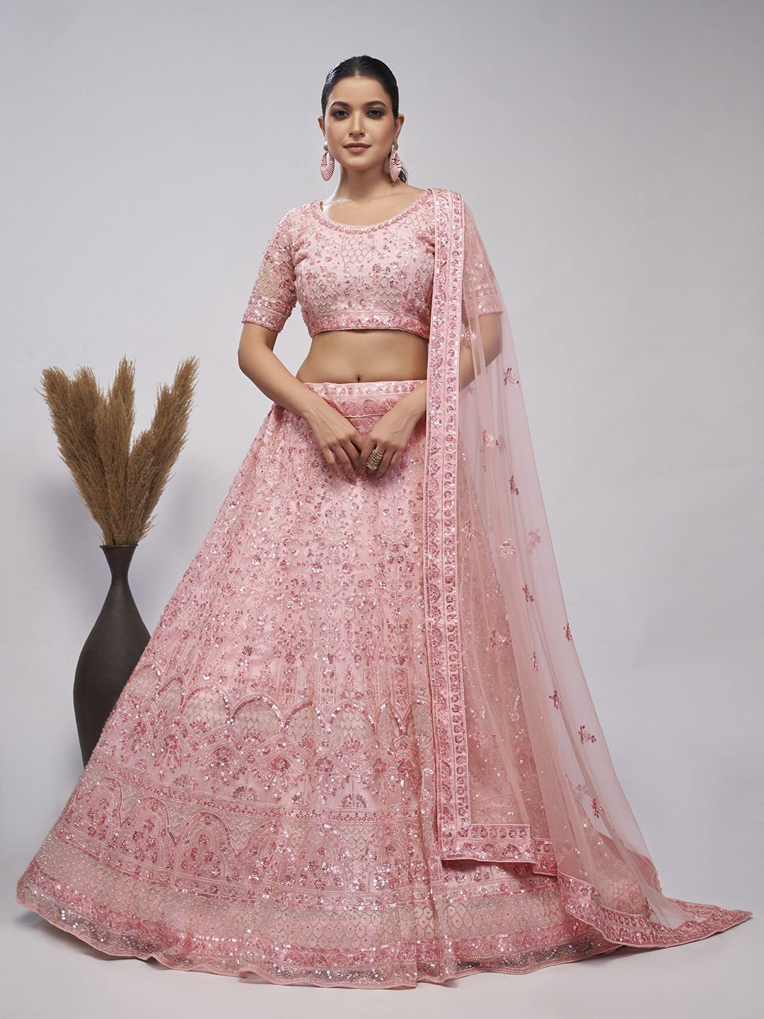 

Fusionic Embroidered Beads and Stones Semi-Stitched Lehenga & Unstitched Blouse With Dupatta, Pink