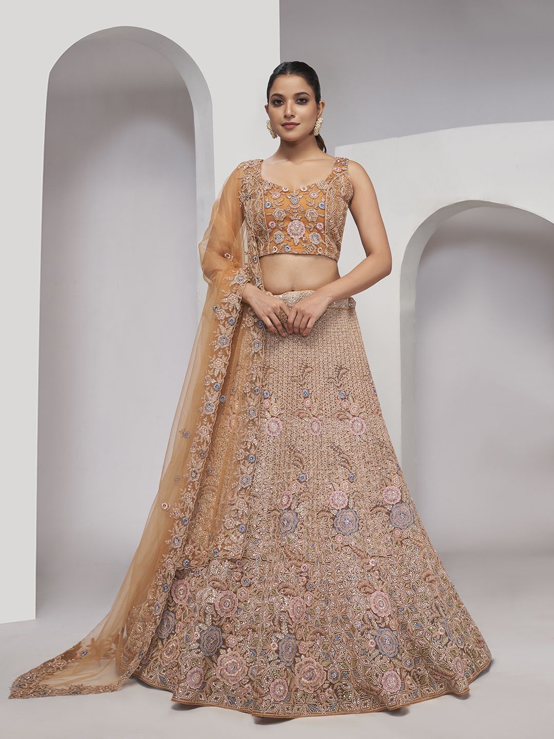 

Fusionic Embroidered Sequinned Semi-Stitched Lehenga & Unstitched Blouse With Dupatta, Peach