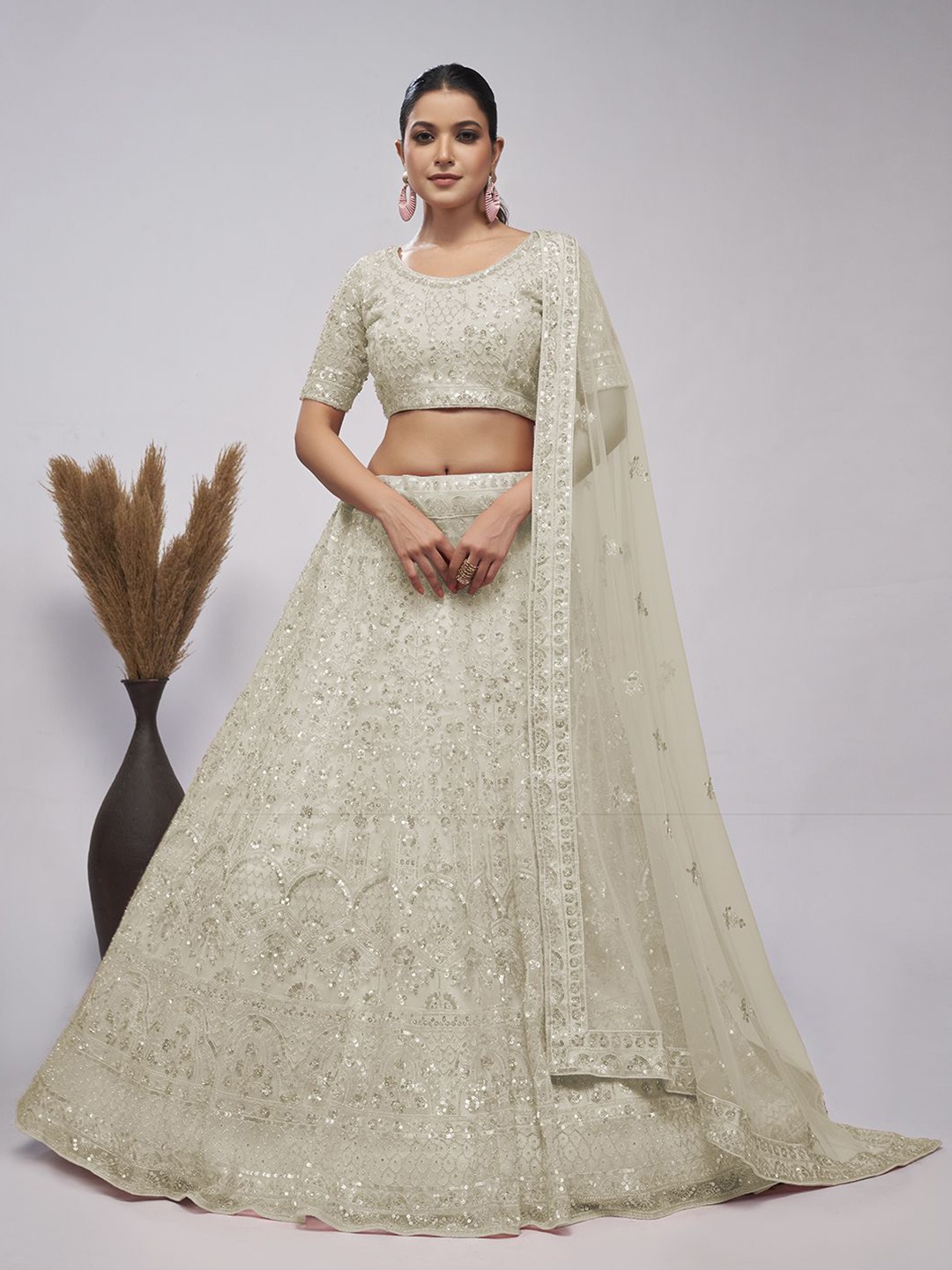 

Fusionic Embroidered Beads and Stones Semi-Stitched Lehenga & Unstitched Blouse With Dupatta, Off white