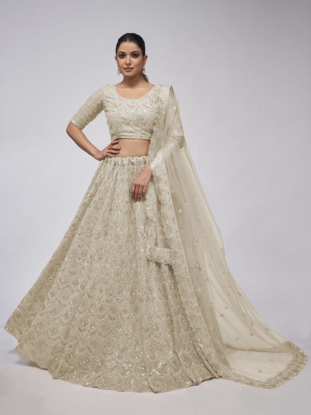 

Fusionic Embroidered Sequinned Semi-Stitched Lehenga & Unstitched Blouse With Dupatta, Off white