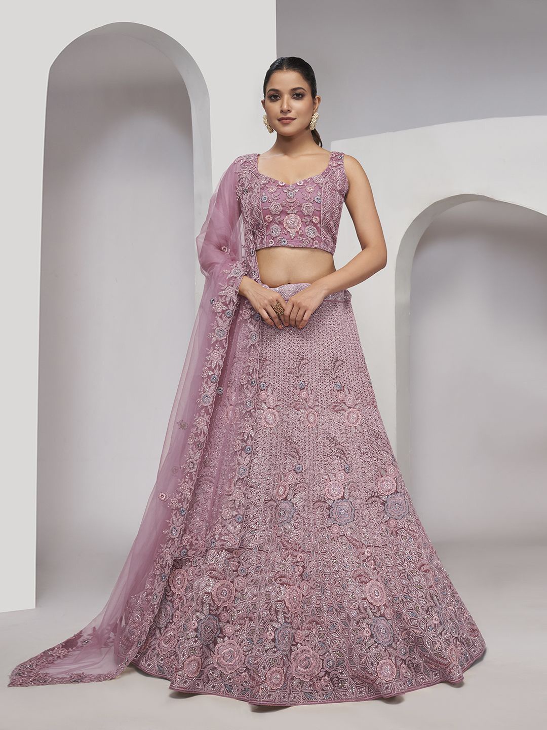 

Fusionic Embroidered Beads and Stones Semi-Stitched Lehenga & Unstitched Blouse With Dupatta, Mauve