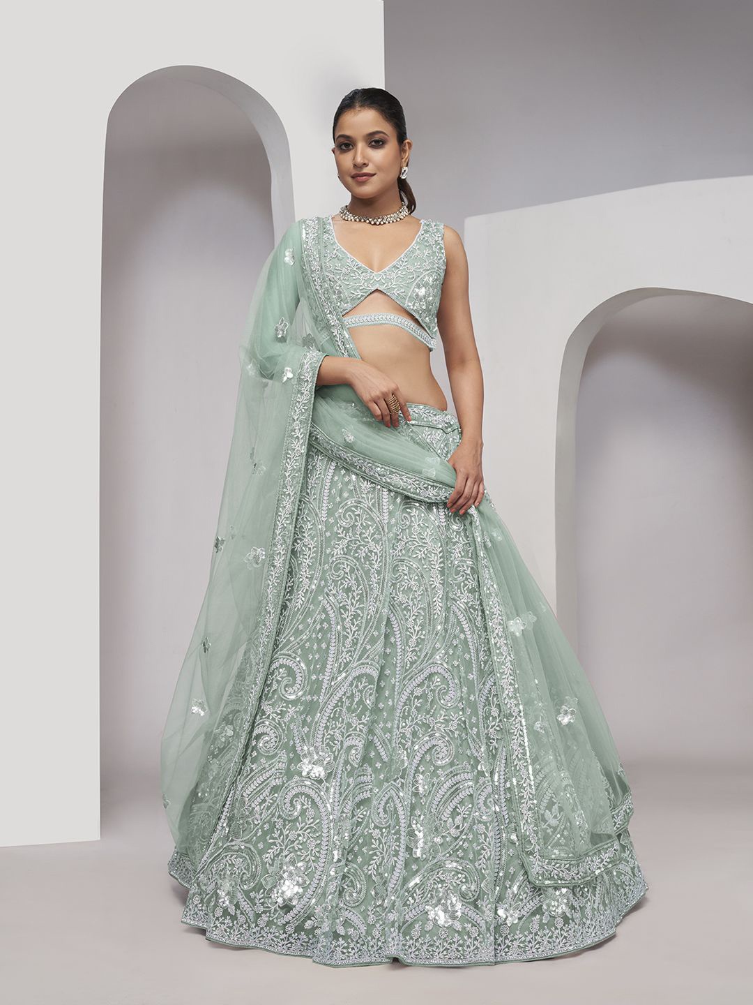 

Fusionic Embroidered Sequinned Semi-Stitched Lehenga & Unstitched Blouse With Dupatta, Green