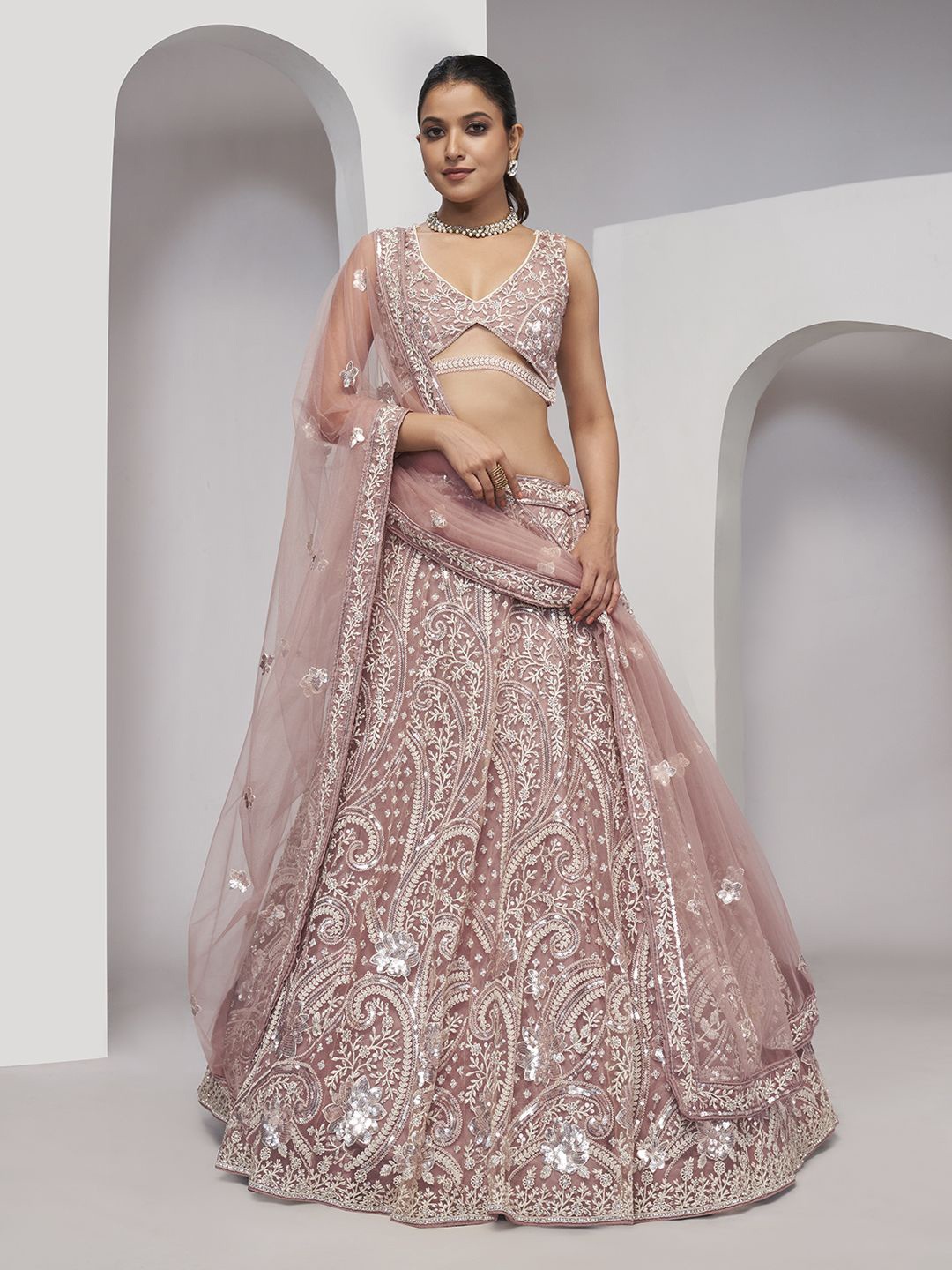 

Fusionic Embroidered Sequinned Semi-Stitched Lehenga & Unstitched Blouse With Dupatta, Rose