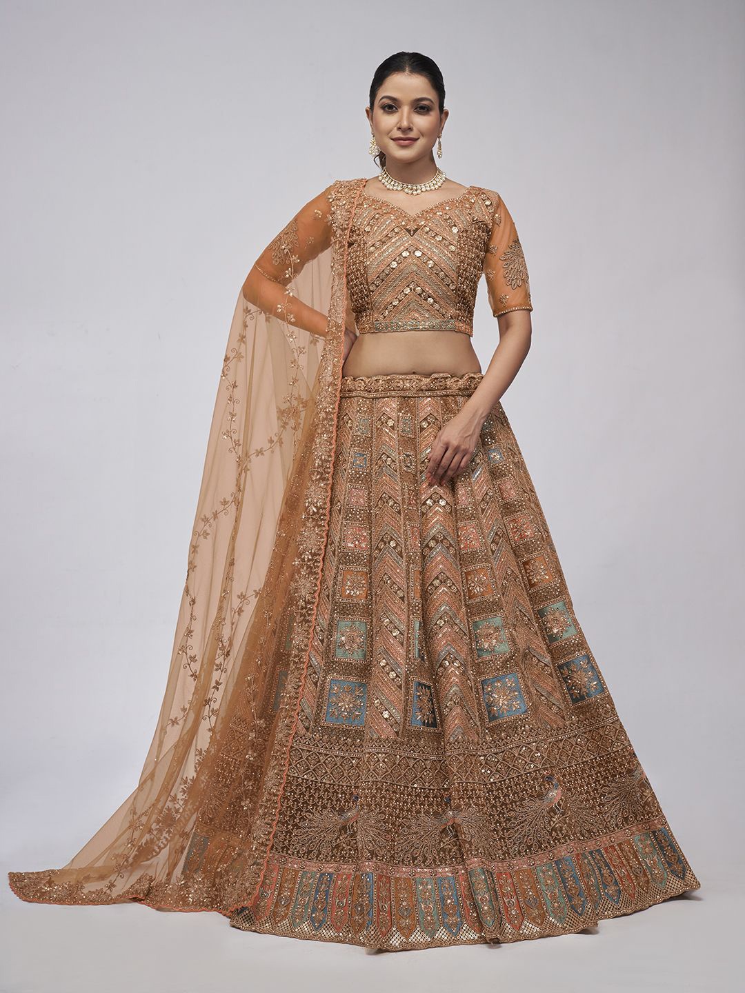 

Fusionic Embroidered Thread Work Semi-Stitched Lehenga & Unstitched Blouse With Dupatta, Bronze