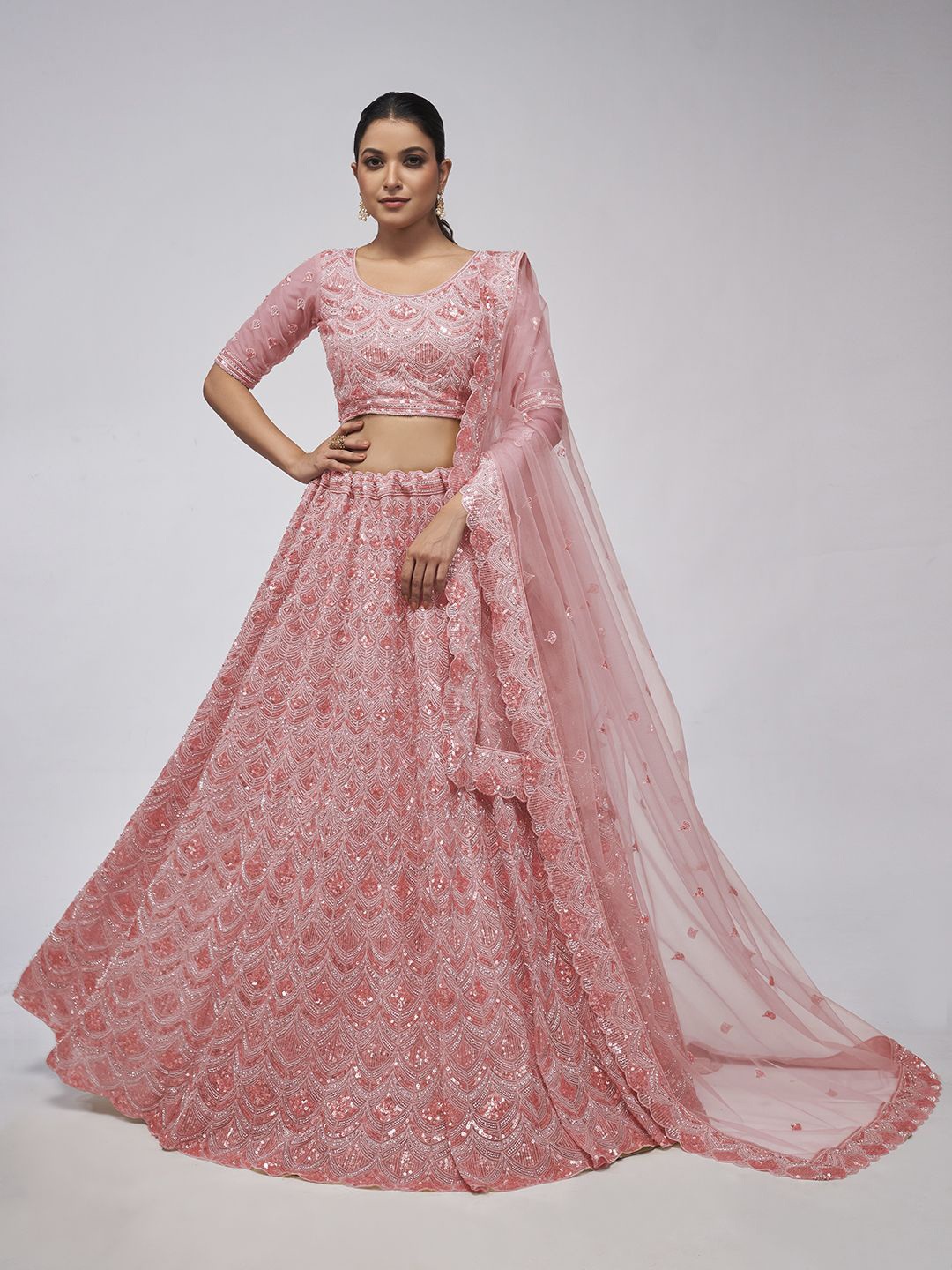 

Fusionic Embroidered Sequinned Semi-Stitched Lehenga & Unstitched Blouse With Dupatta, Coral