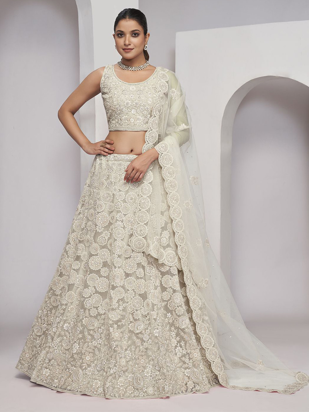 

Fusionic Embroidered Thread Work Semi-Stitched Lehenga & Unstitched Blouse With Dupatta, Off white