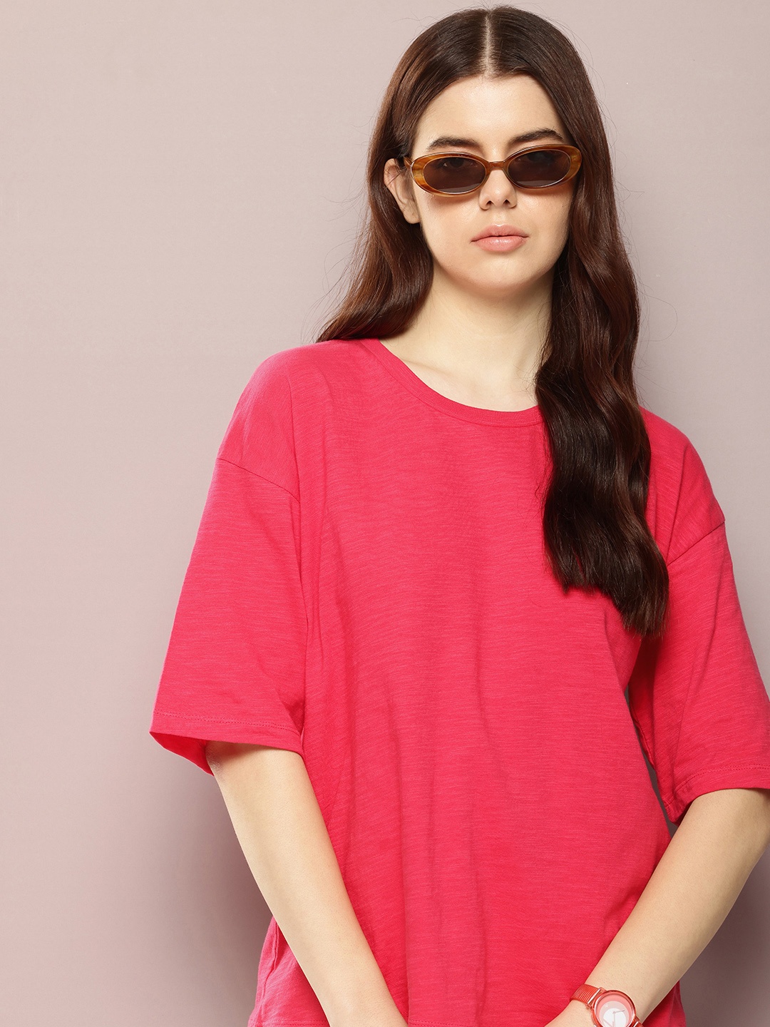 

Kook N Keech Drop-Shoulder Sleeves Oversized Pure Cotton T-shirt, Pink