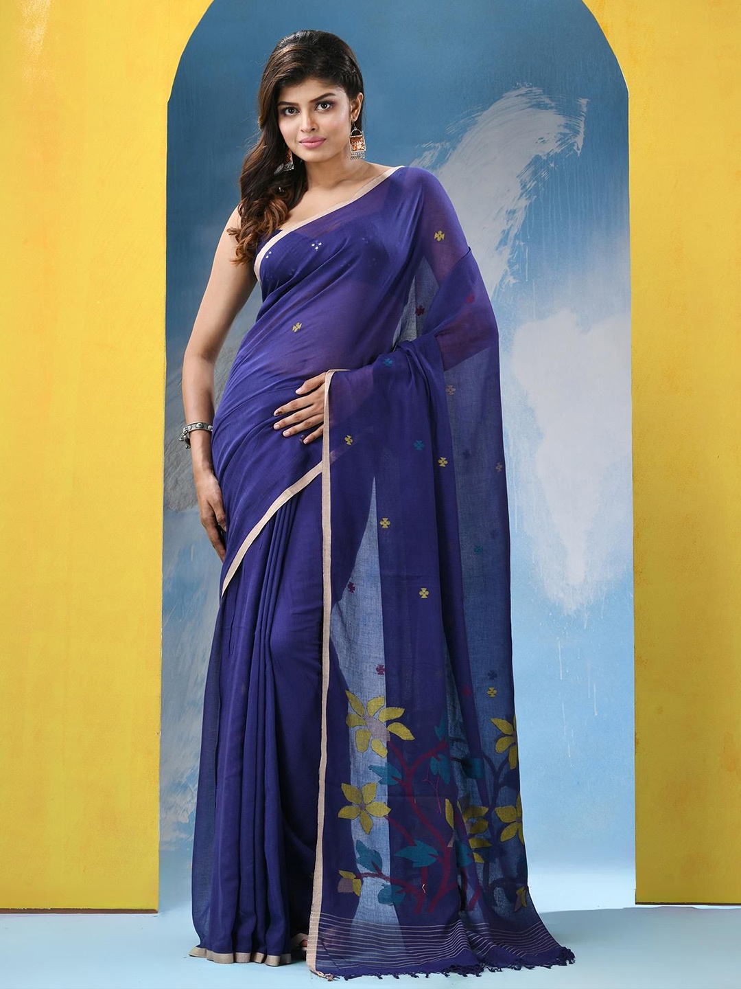 

Angoshobha Woven Design Zari Pure Cotton Jamdani Saree, Blue