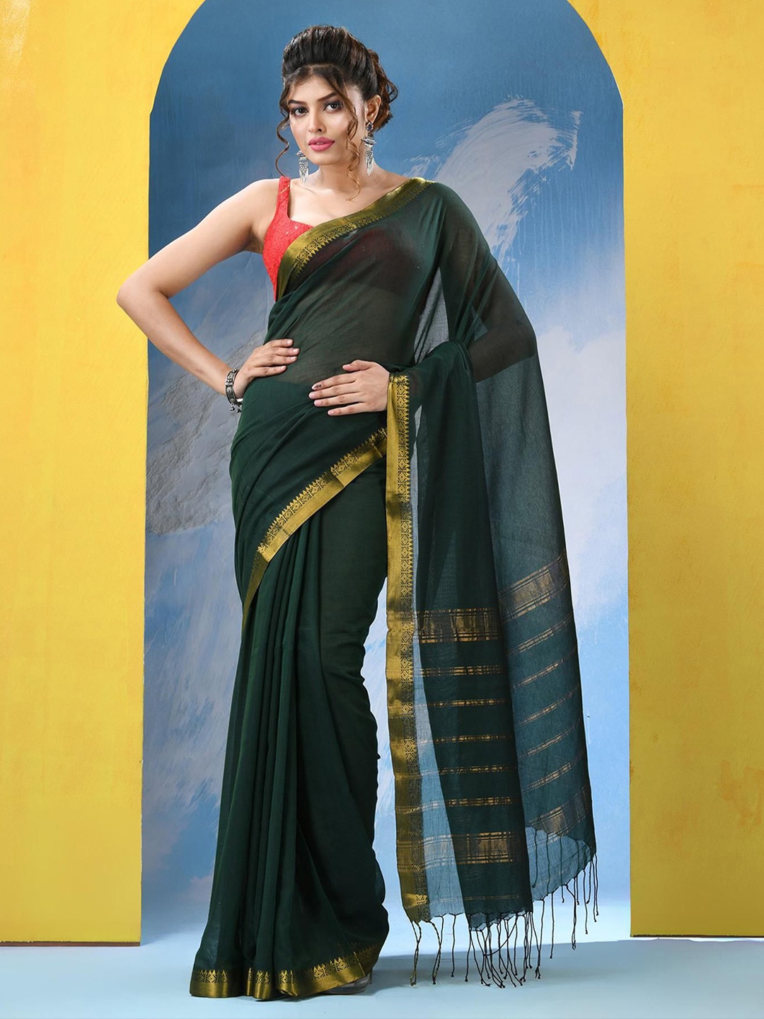 

Angoshobha Zari Pure Cotton Saree, Green