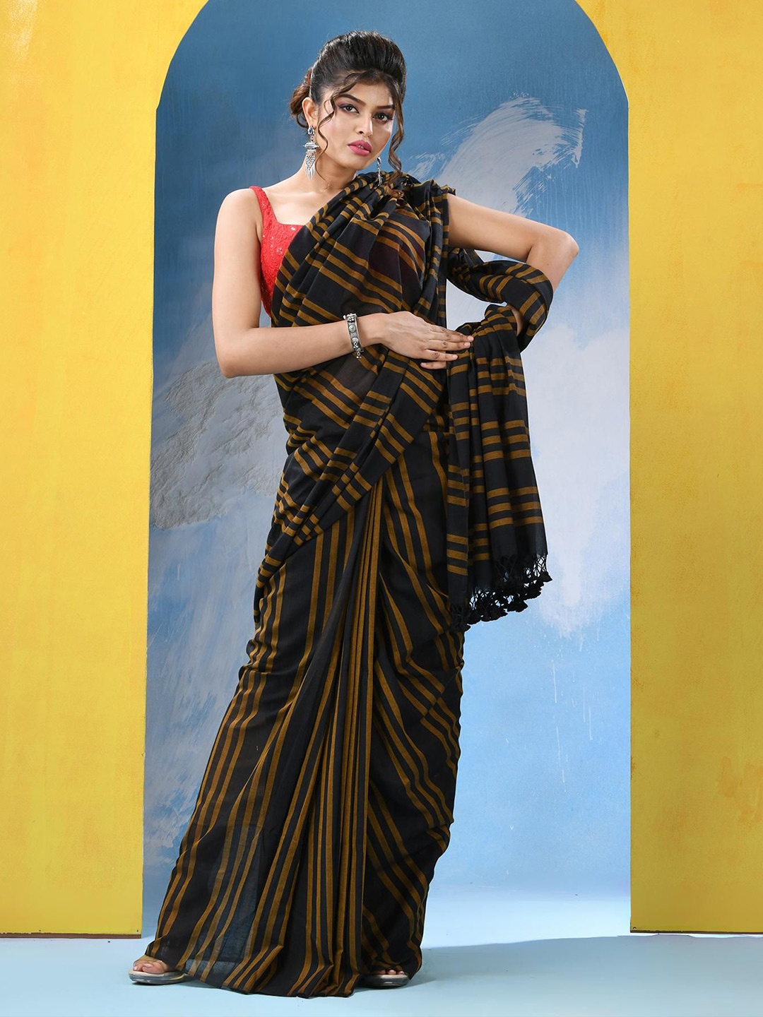 

Angoshobha Striped Sequinned Pure Cotton Saree, Black