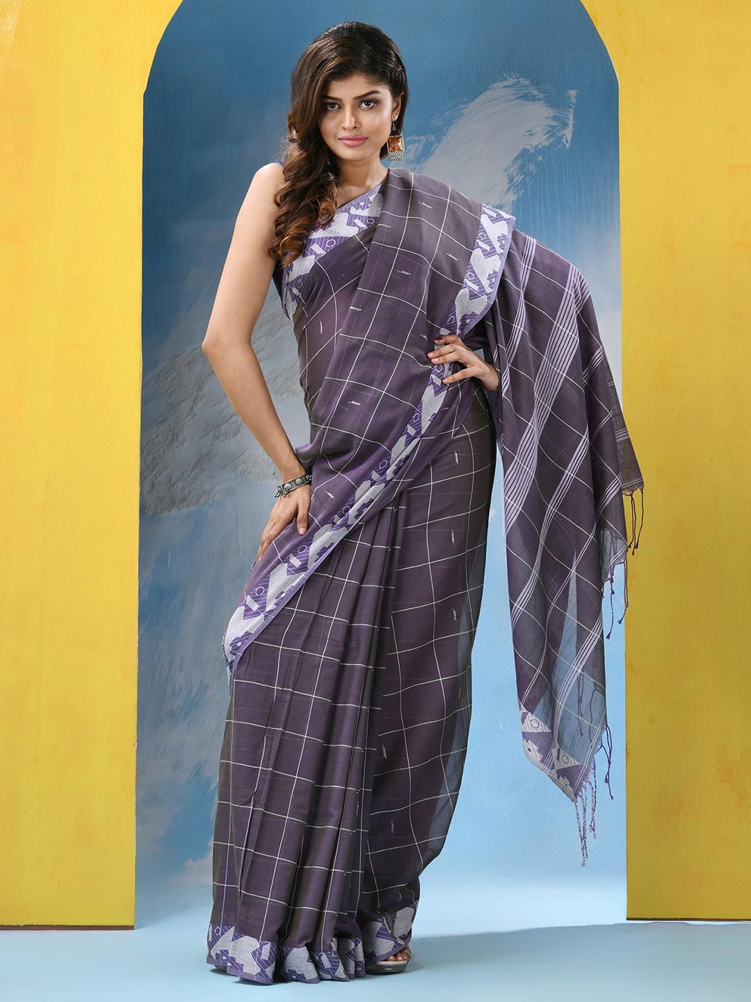 

Angoshobha Checked Pure Cotton Saree, Purple