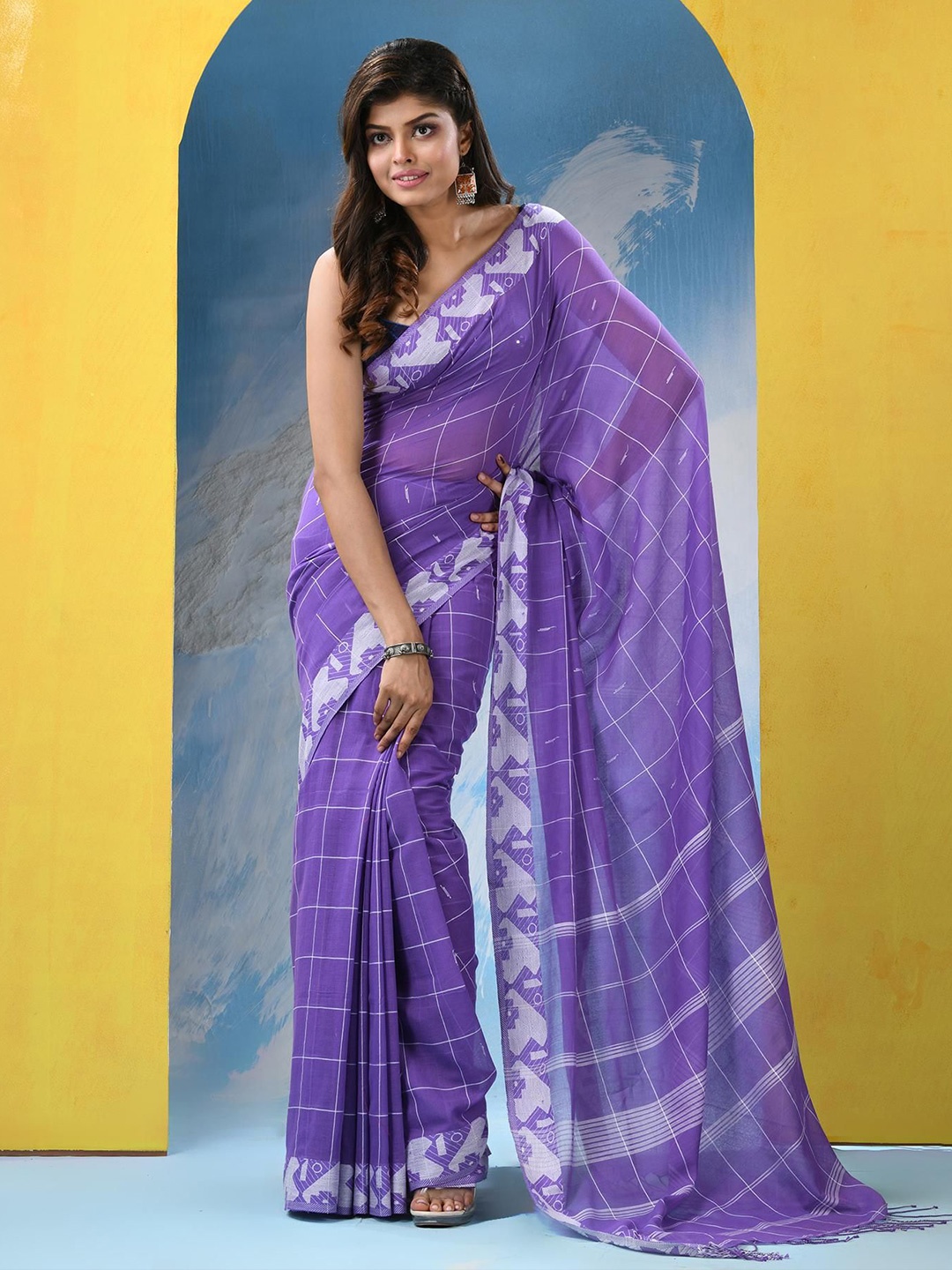 

Angoshobha Checked Pure Cotton Saree, Violet