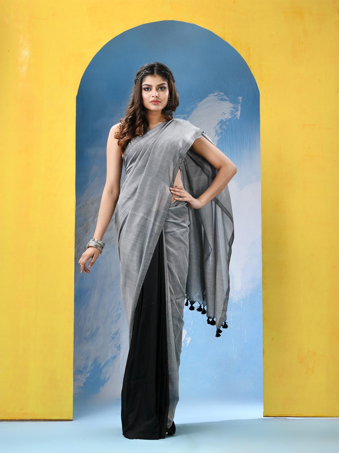 

Angoshobha Woven Design Pure Cotton Half and Half Saree, Silver