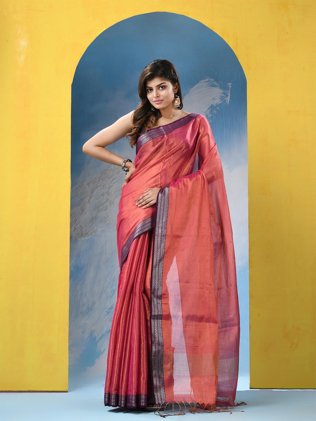 

Angoshobha Zari Pure Cotton Saree, Pink