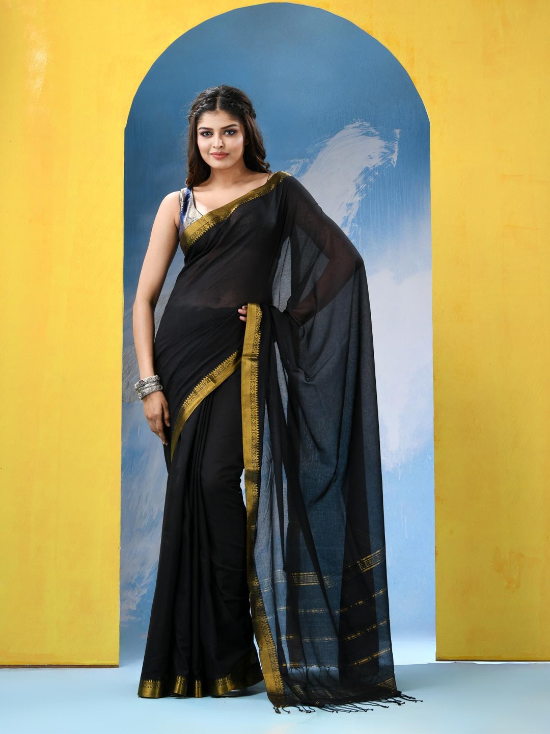 

Angoshobha Zari Pure Cotton Saree, Black