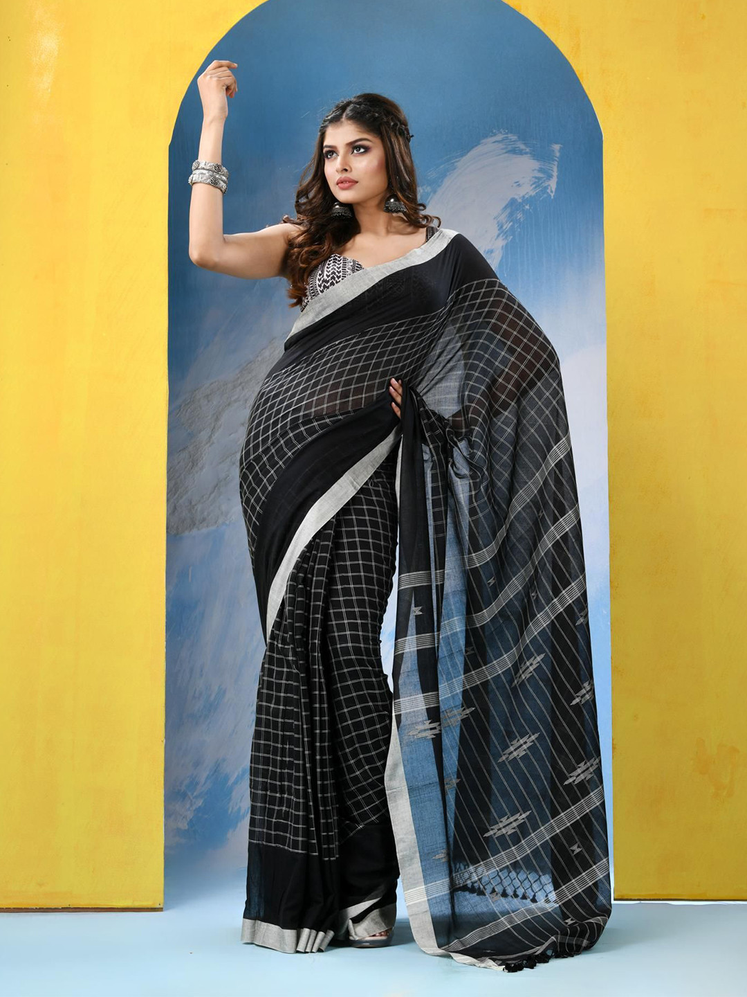 

Angoshobha Woven Design Zari Pure Cotton Saree, Black