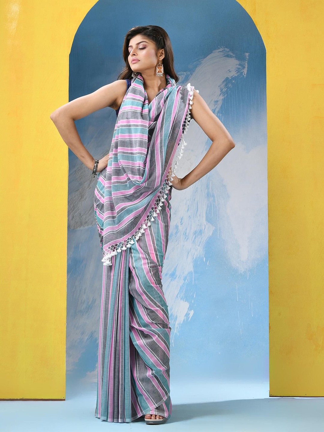 

Angoshobha Striped Pure Cotton Saree, Blue