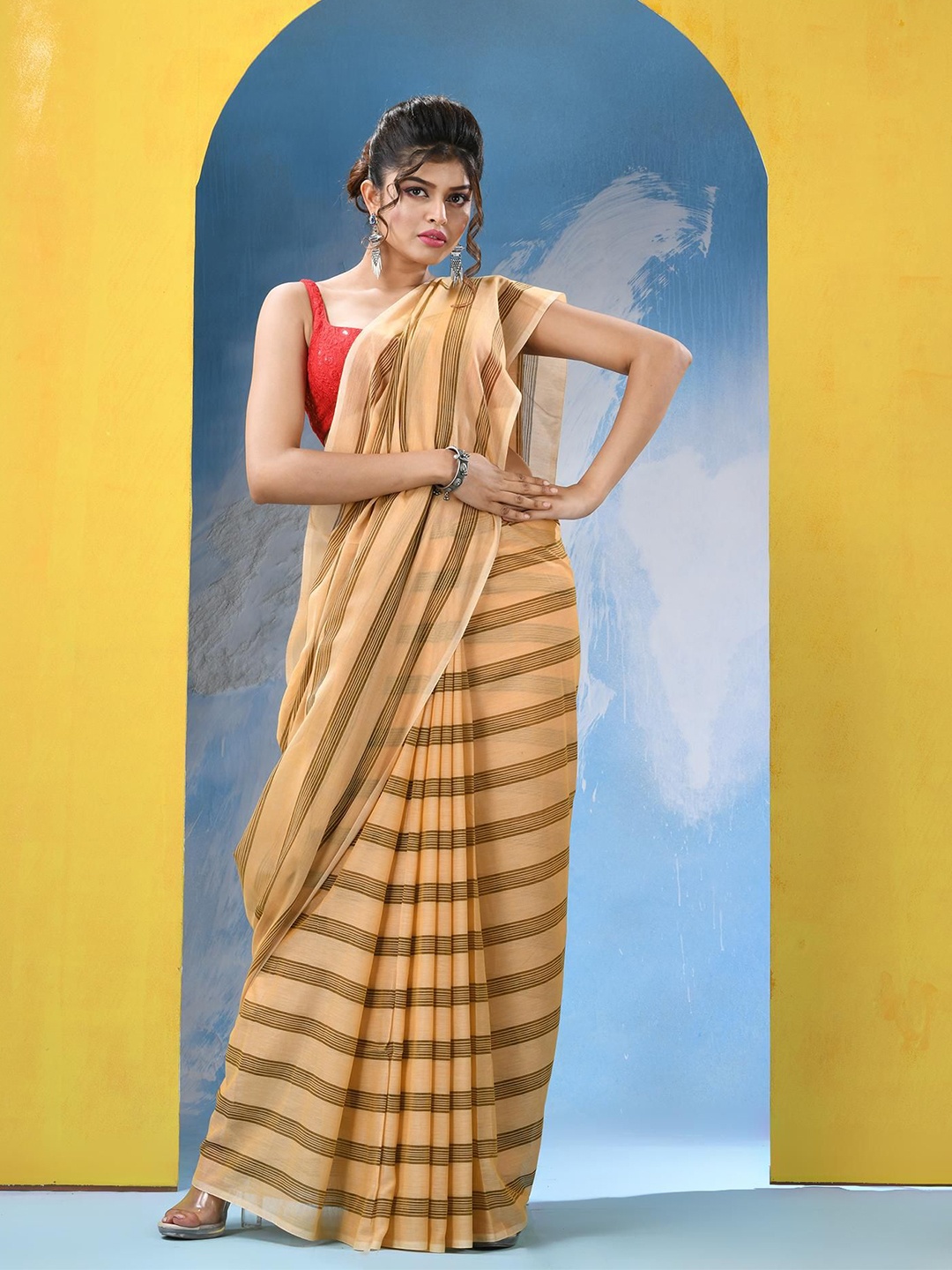 

Angoshobha Striped Pure Cotton Saree, Orange