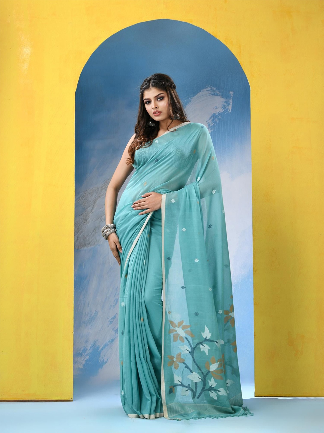 

Angoshobha Woven Design Zari Pure Cotton Jamdani Saree, Blue