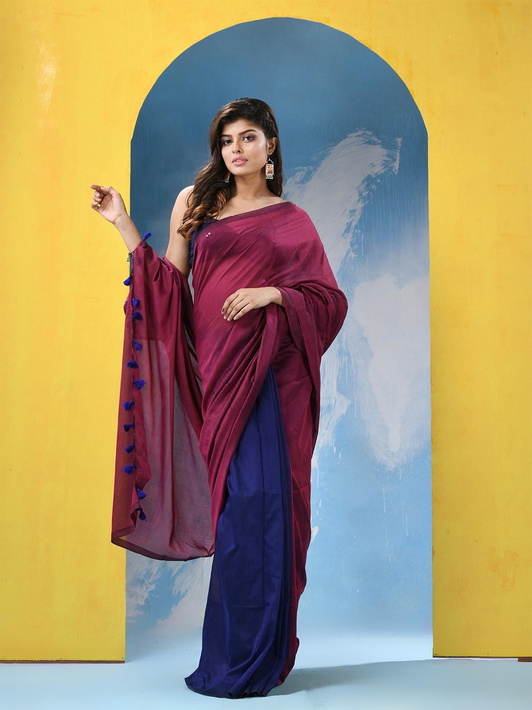 

Angoshobha Pure Cotton Half and Half Saree, Magenta