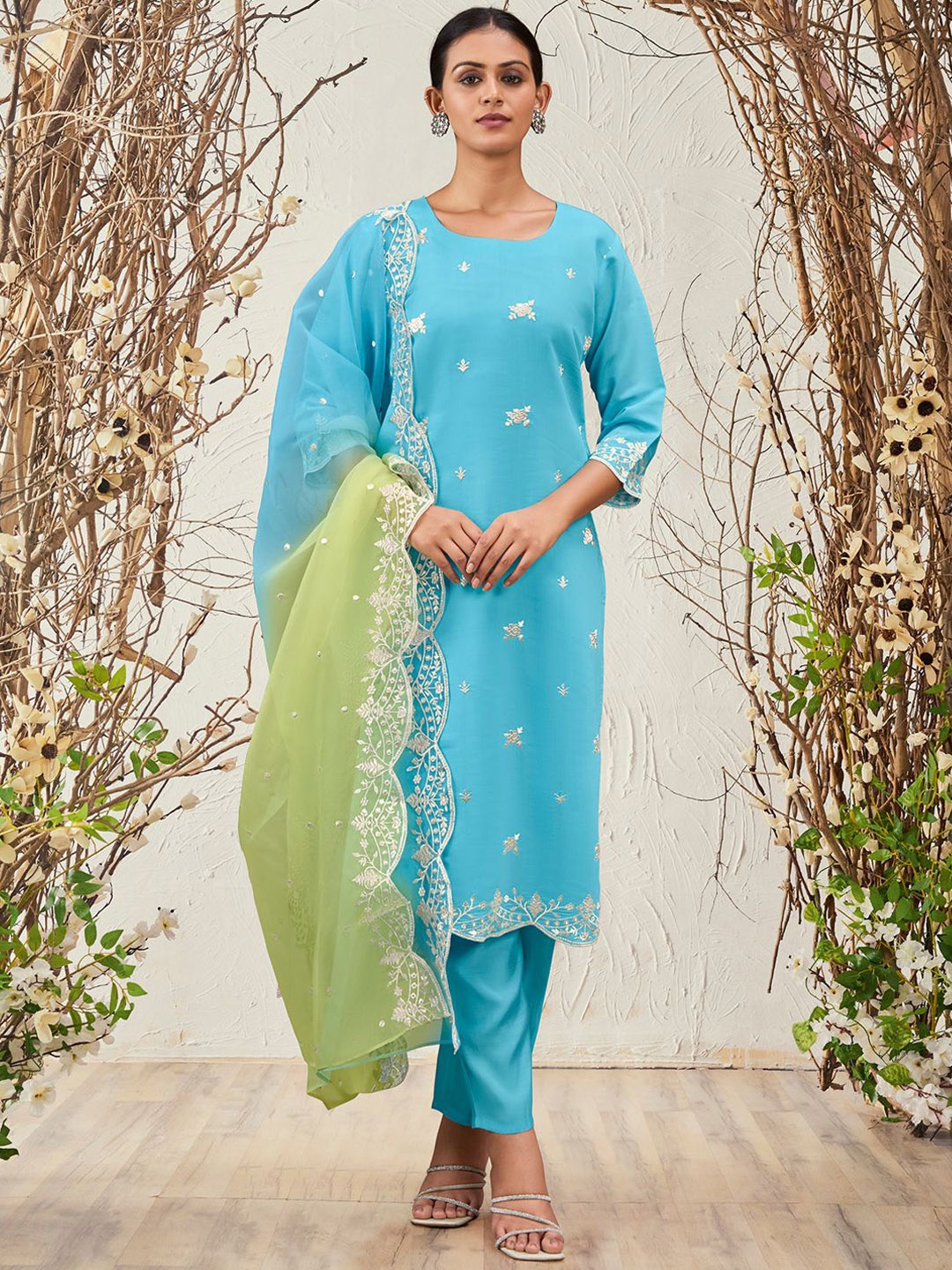 

Indo Era Women Ethnic Motifs Embroidered Regular Thread Work Kurta with Trousers & With Dupatta, Blue