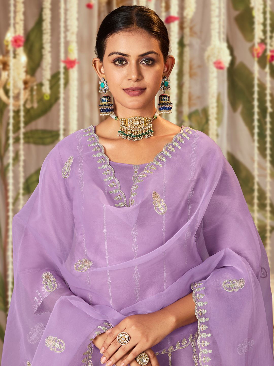 

Indo Era Women Ethnic Motifs Embroidered Regular Thread Work Kurta with Trousers & With Dupatta, Lavender