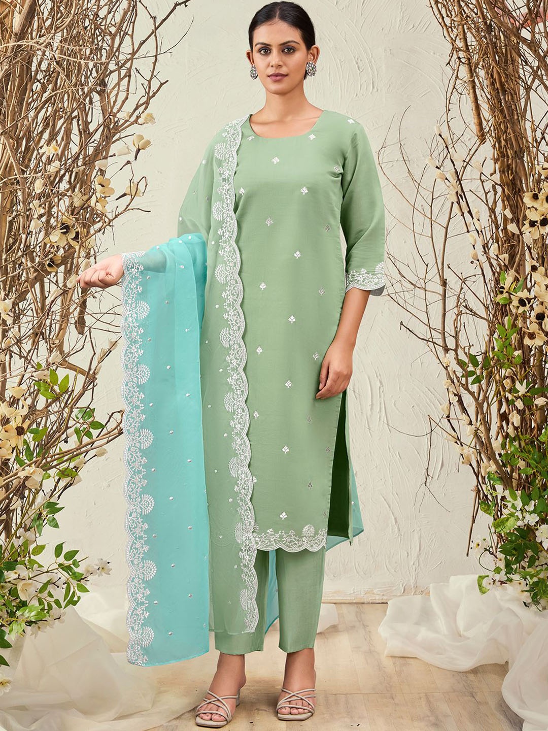 

Indo Era Women Ethnic Motifs Embroidered Regular Kurta with Trousers & With Dupatta, Sea green