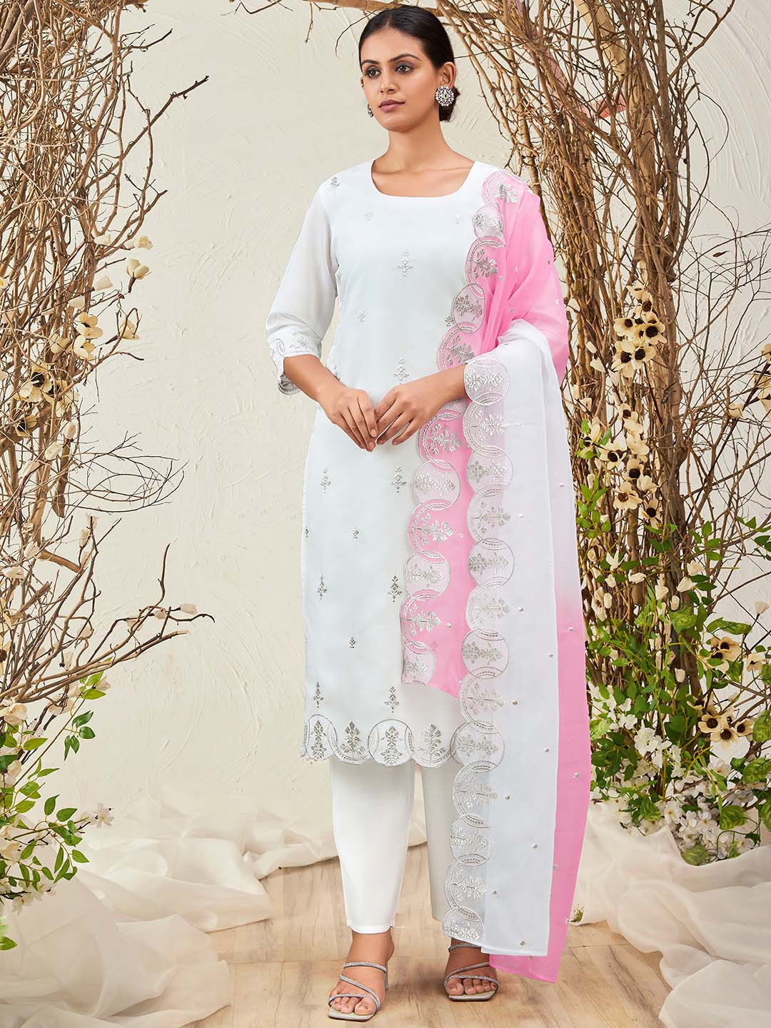 

Indo Era White Ethnic Motifs Embroidered Zari Detailed Kurta With Trousers & Dupatta