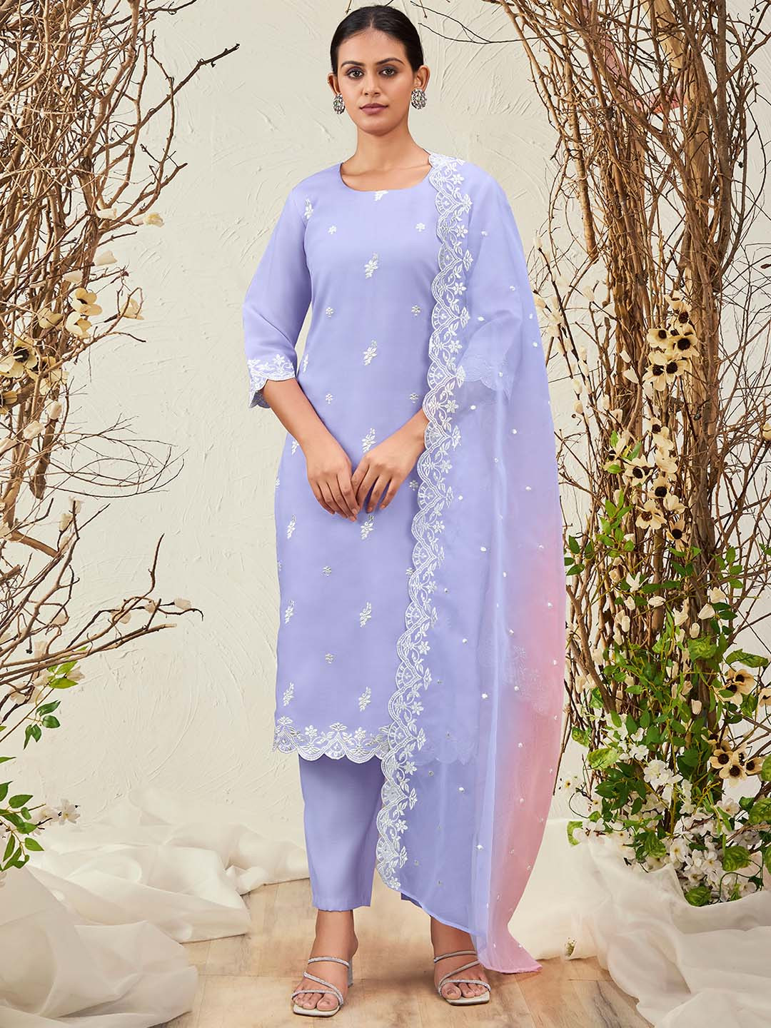 

Indo Era Lavender Floral Embroidered Round Neck Thread Work Kurta with Trousers & Dupatta