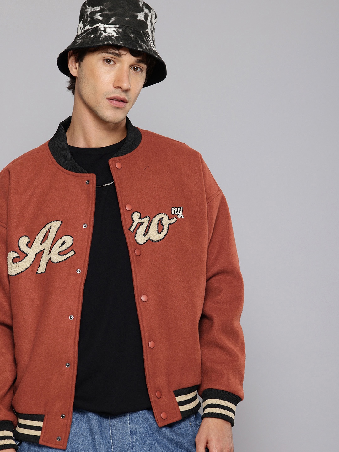 

Aeropostale Stand Collar Embroidered Detail Bomber Jacket, Rust
