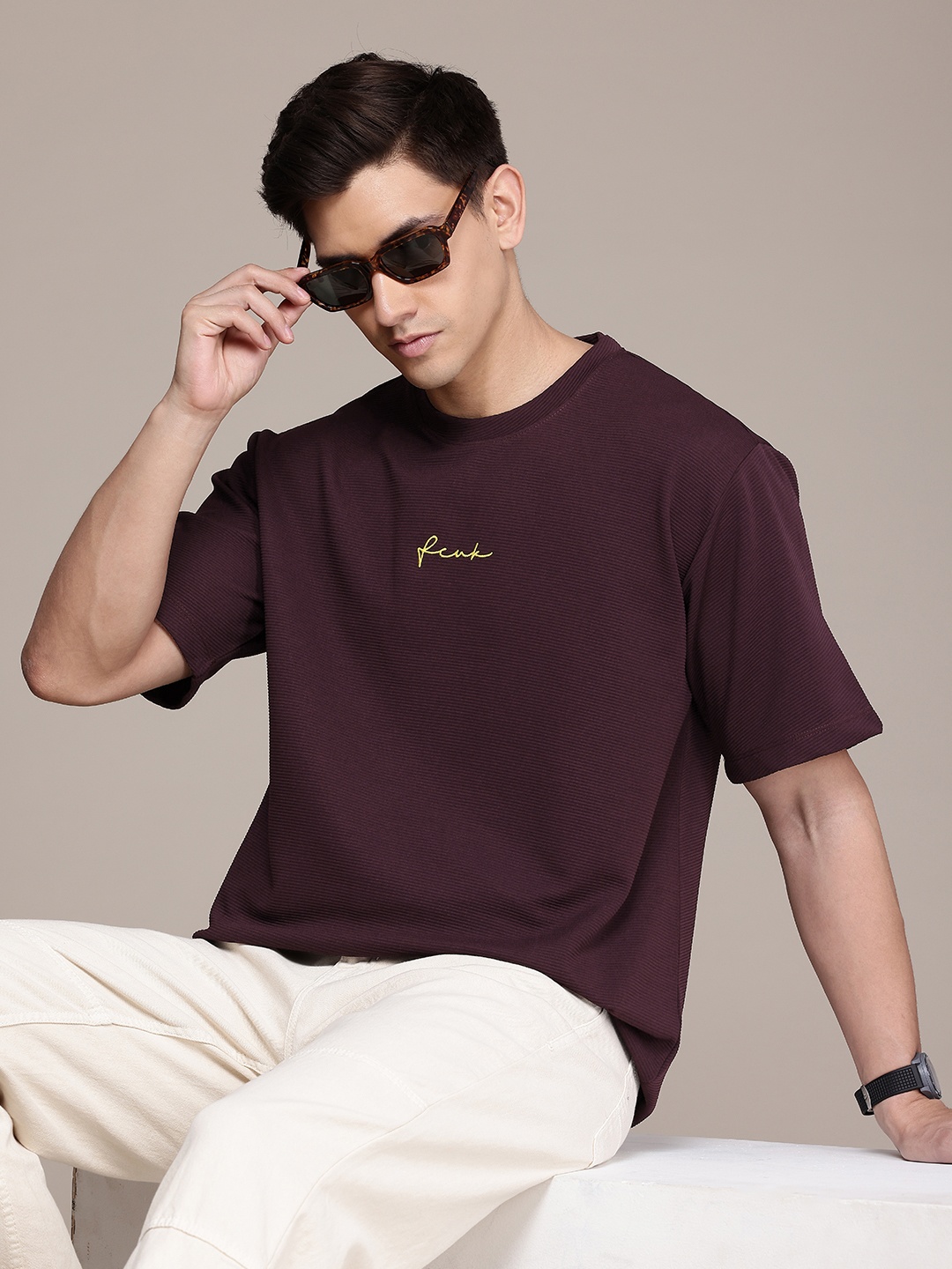 

FCUK Men Premium Textured Oversized T-shirt, Burgundy