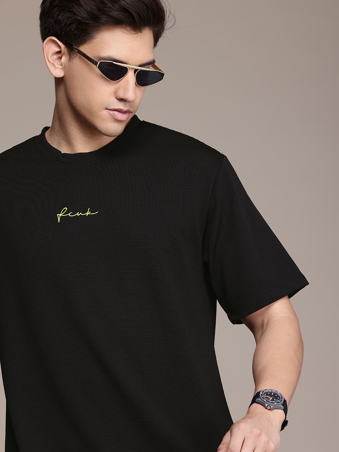 

FCUK Men Premium Textured Oversized T-shirt, Black