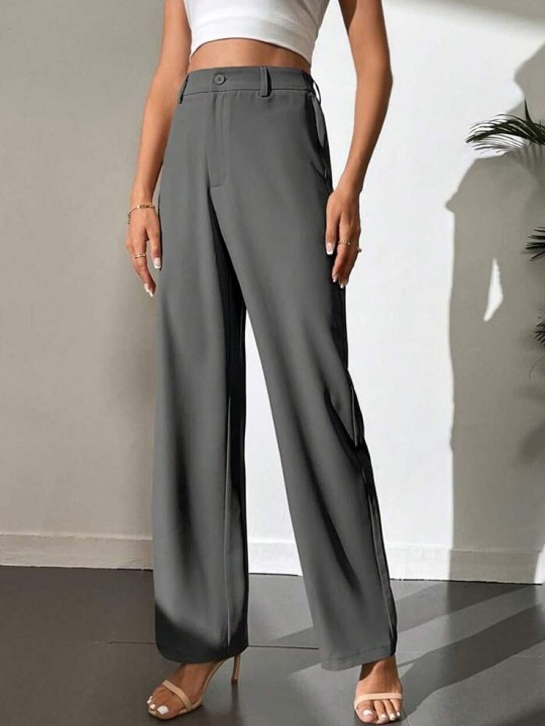 

N N ENTERPRISE Women Relaxed High-Rise Easy Wash Trousers, Grey